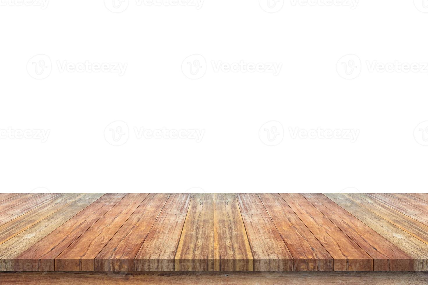 Empty wooden table top isolated on white background for product display photo