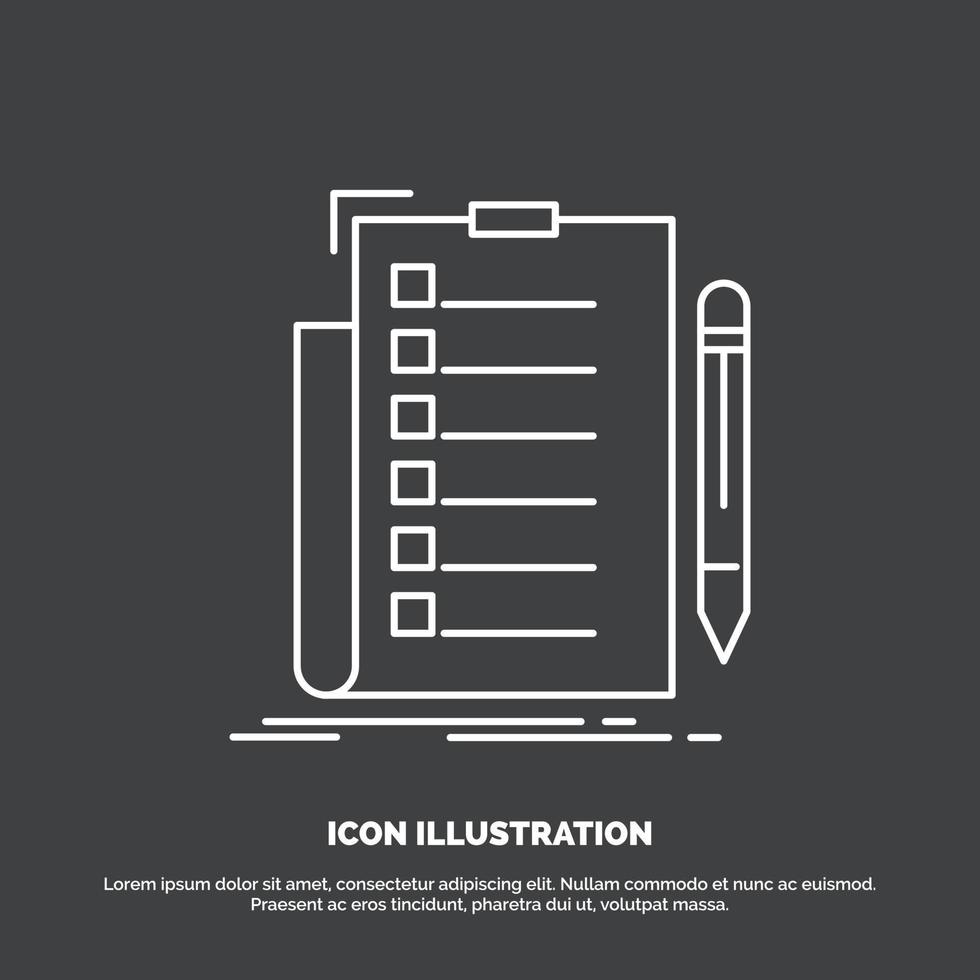 pericia. Lista de Verificación. controlar. lista. icono de documento. símbolo de vector de línea para ui y ux. sitio web o aplicación móvil