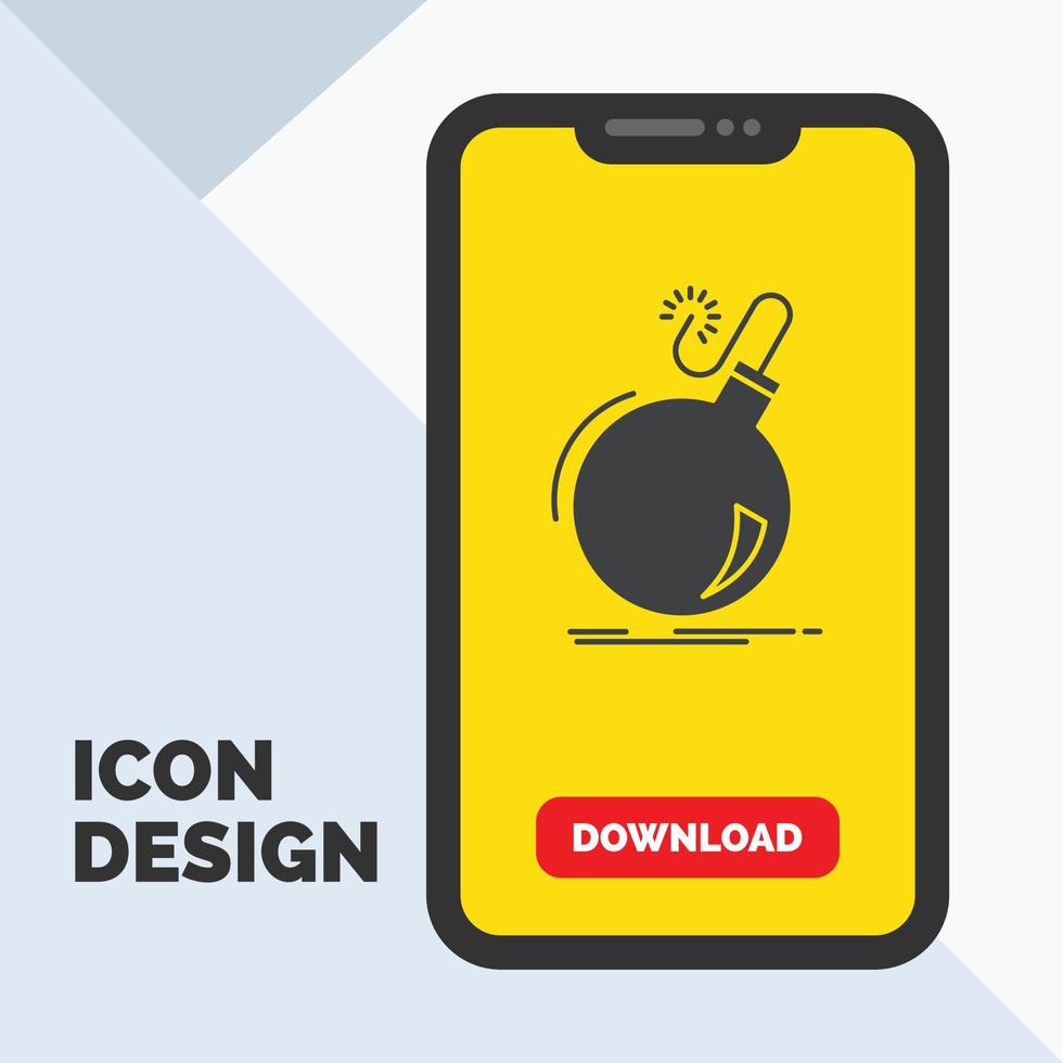 Bomb. boom. danger. ddos. explosion Glyph Icon in Mobile for Download Page. Yellow Background vector