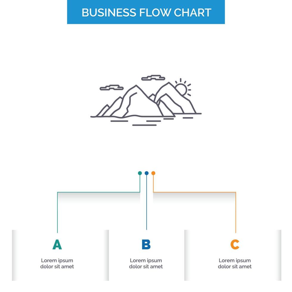 Mountain. hill. landscape. nature. evening Business Flow Chart Design with 3 Steps. Line Icon For Presentation Background Template Place for text vector