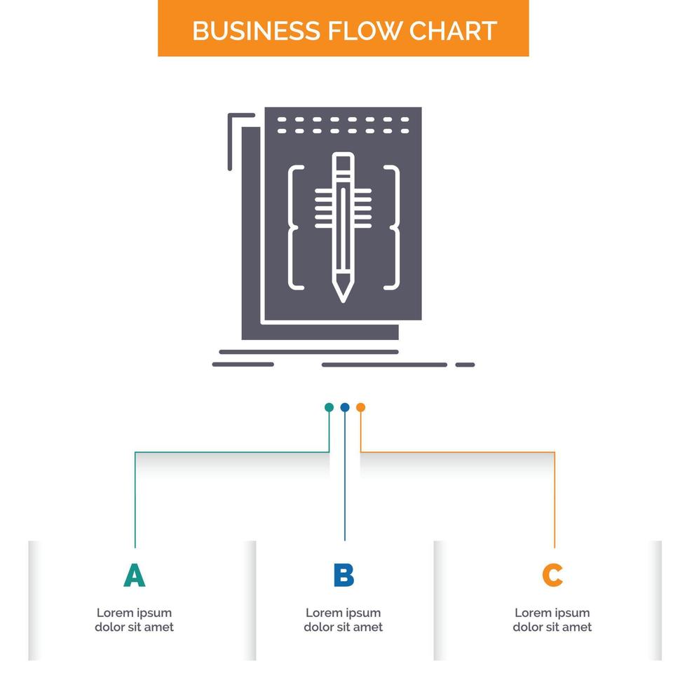 Code. edit. editor. language. program Business Flow Chart Design with 3 Steps. Glyph Icon For Presentation Background Template Place for text. vector