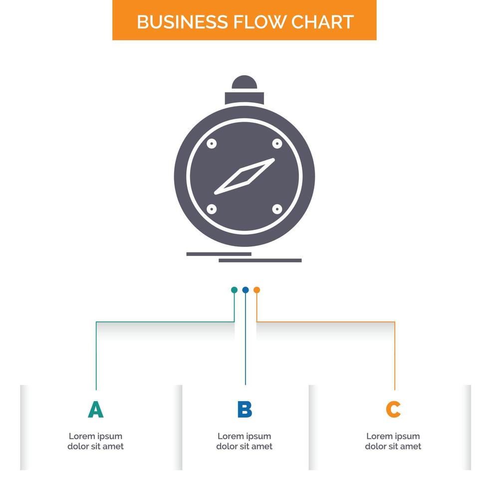 compass. direction. navigation. gps. location Business Flow Chart Design with 3 Steps. Glyph Icon For Presentation Background Template Place for text. vector