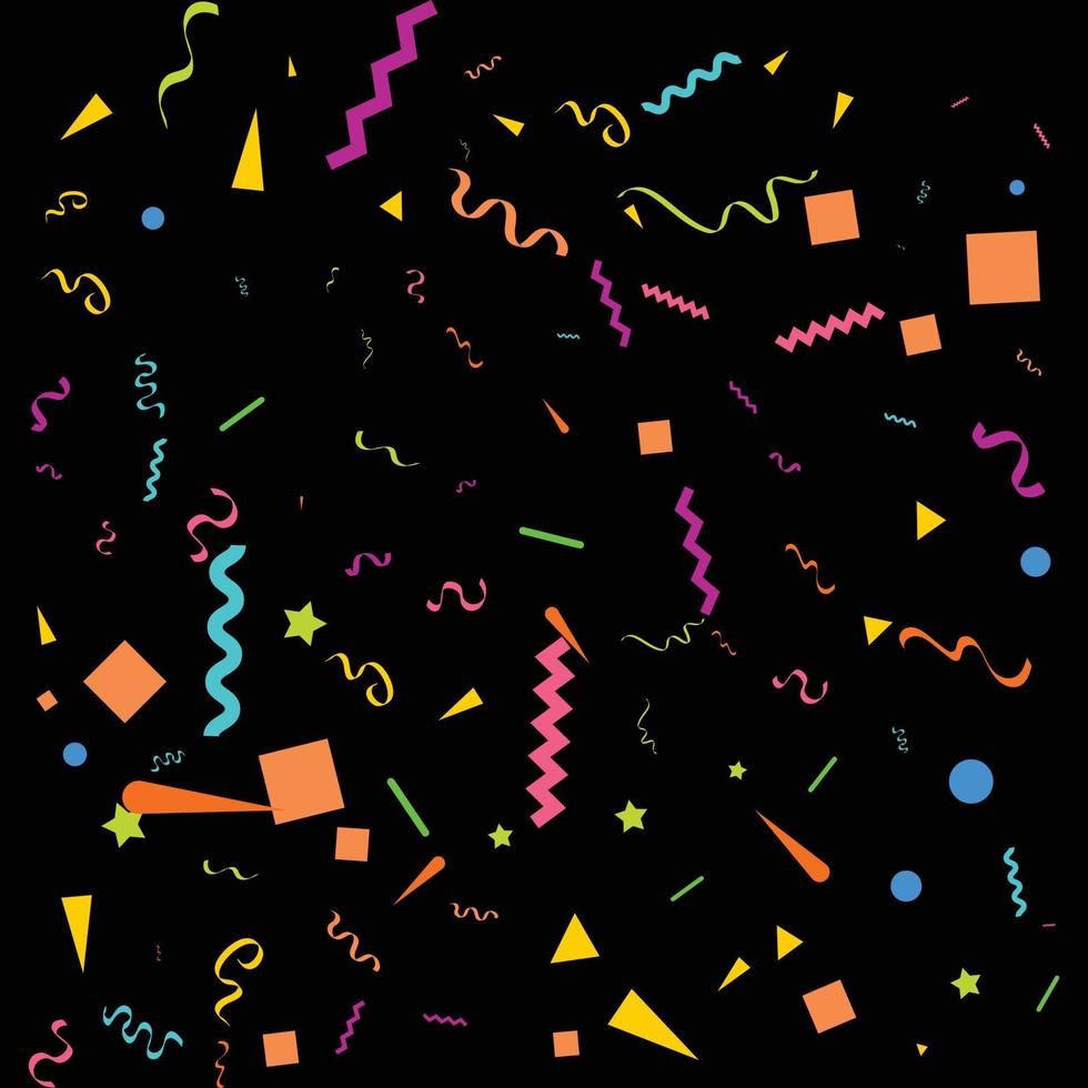 Colorful Confetti. Vector Festive Illustration of Falling Shiny Confetti Isolated on Black Black Background. Holiday Decorative Tinsel Element for Design