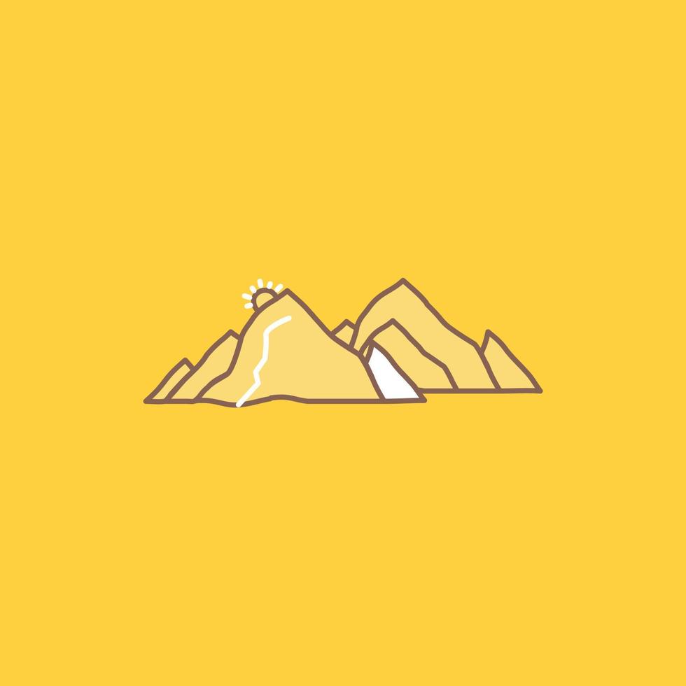 mountain. landscape. hill. nature. scene Flat Line Filled Icon. Beautiful Logo button over yellow background for UI and UX. website or mobile application vector