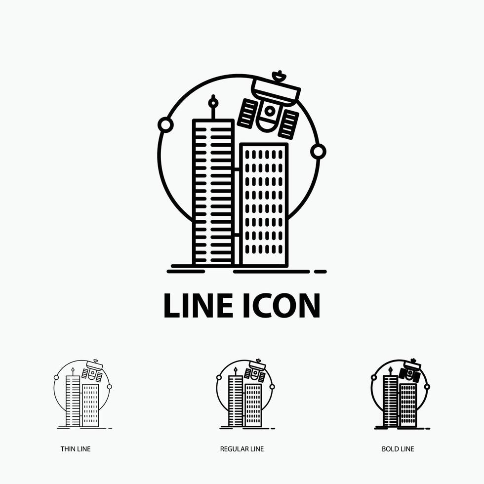 building. smart city. technology. satellite. corporation Icon in Thin. Regular and Bold Line Style. Vector illustration