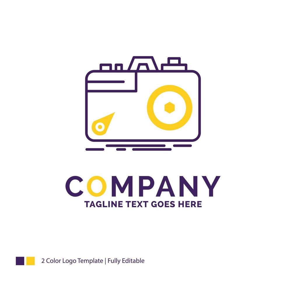 Company Name Logo Design For Camera. photography. capture. photo. aperture. Purple and yellow Brand Name Design with place for Tagline. Creative Logo template for Small and Large Business. vector