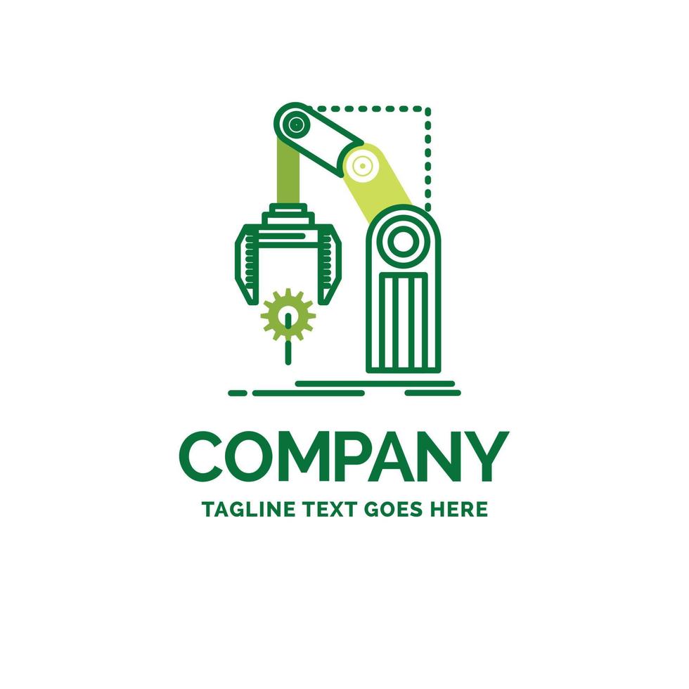 Automation. factory. hand. mechanism. package Flat Business Logo template. Creative Green Brand Name Design. vector
