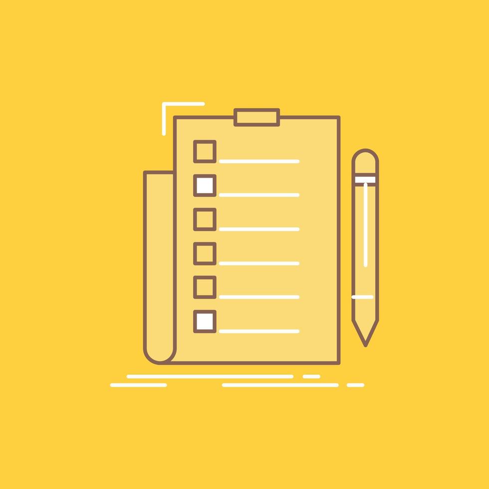expertise. checklist. check. list. document Flat Line Filled Icon. Beautiful Logo button over yellow background for UI and UX. website or mobile application vector
