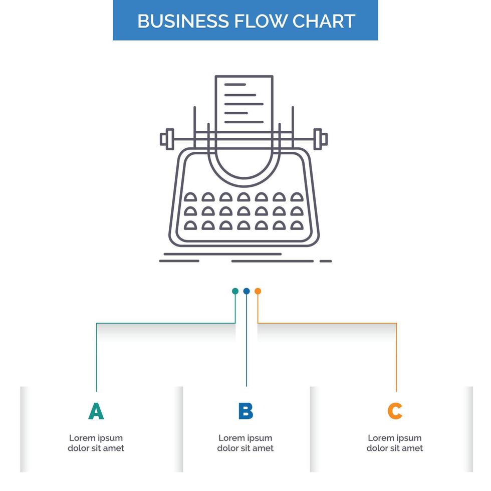 artículo. Blog. historia. máquina de escribir. diseño de diagrama de flujo de negocios de escritor con 3 pasos. icono de línea para el lugar de plantilla de fondo de presentación para texto vector