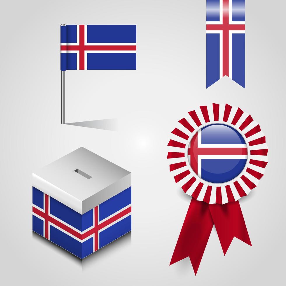 lugar de la bandera del país de islandia en la casilla de votación. bandera de la insignia de la cinta y pin del mapa vector