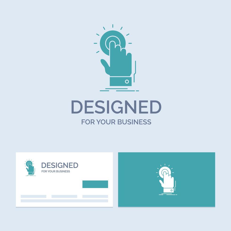 touch. click. hand. on. start Business Logo Glyph Icon Symbol for your business. Turquoise Business Cards with Brand logo template. vector