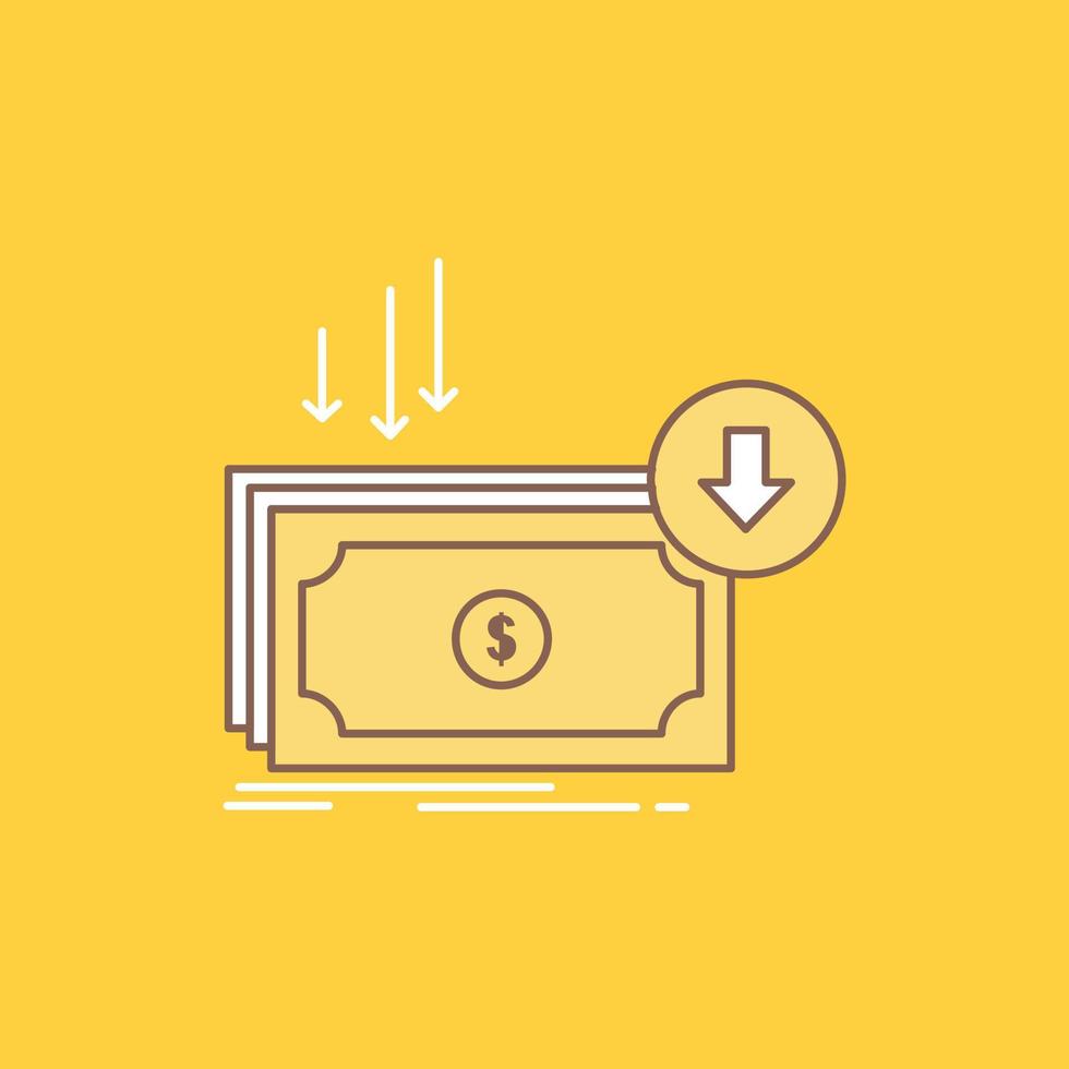 Business. cost. cut. expense. finance. money Flat Line Filled Icon. Beautiful Logo button over yellow background for UI and UX. website or mobile application vector
