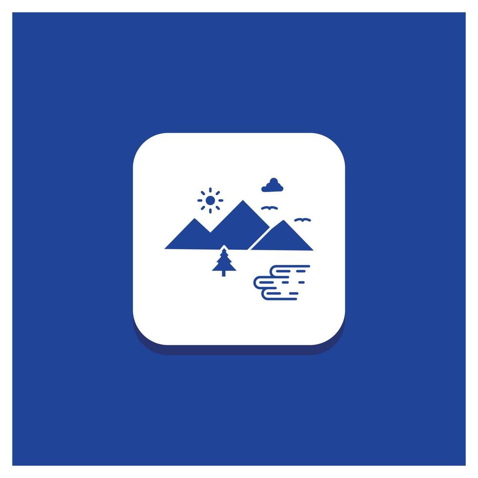 Blue Round Button for Mountains. Nature. Outdoor. Clouds. Sun Glyph icon vector