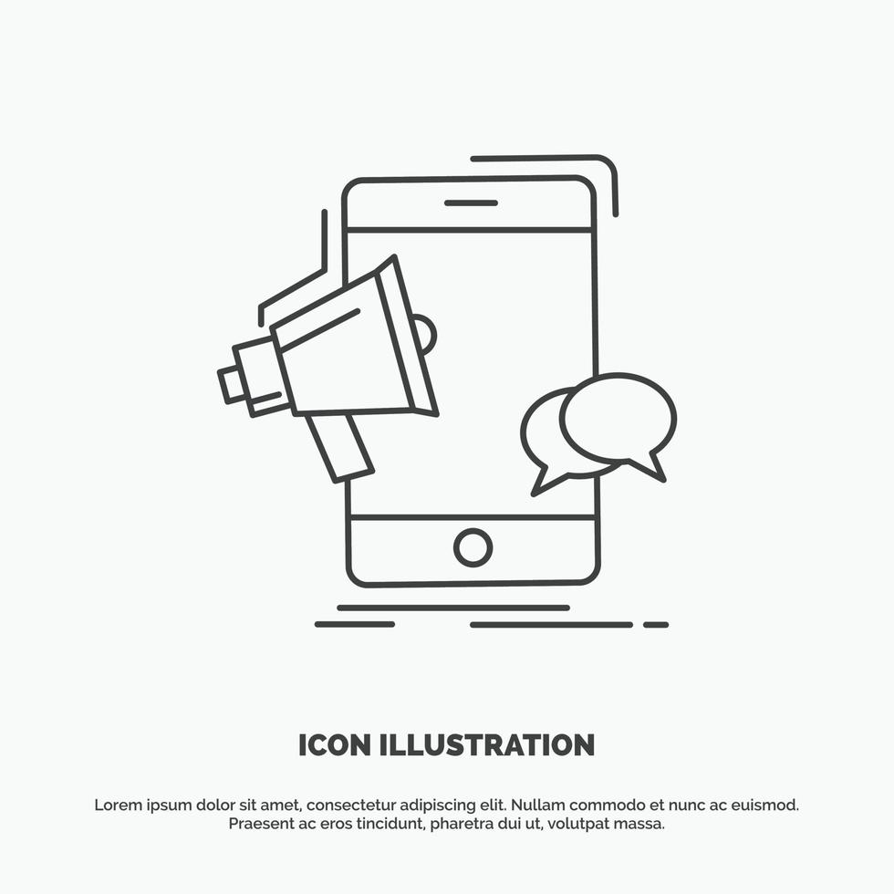 megáfono. marketing. móvil. megáfono. icono de promoción. símbolo gris vectorial de línea para ui y ux. sitio web o aplicación móvil vector