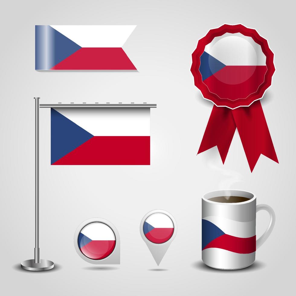 Czech Republic Country Flag place on Map Pin. Steel Pole and Ribbon Badge Banner vector