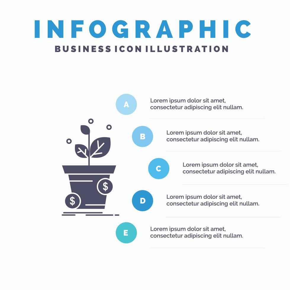 dólar. crecimiento. maceta. lucro. plantilla de infografía empresarial para sitio web y presentación. icono de glifo gris con ilustración de vector de estilo infográfico azul.