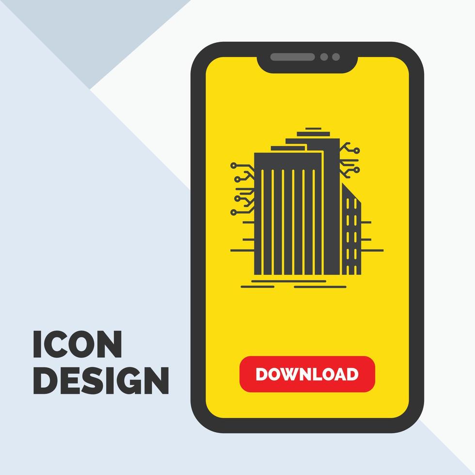 edificio. tecnología. ciudad inteligente. conectado. icono de glifo de Internet en el móvil para la página de descarga. fondo amarillo vector