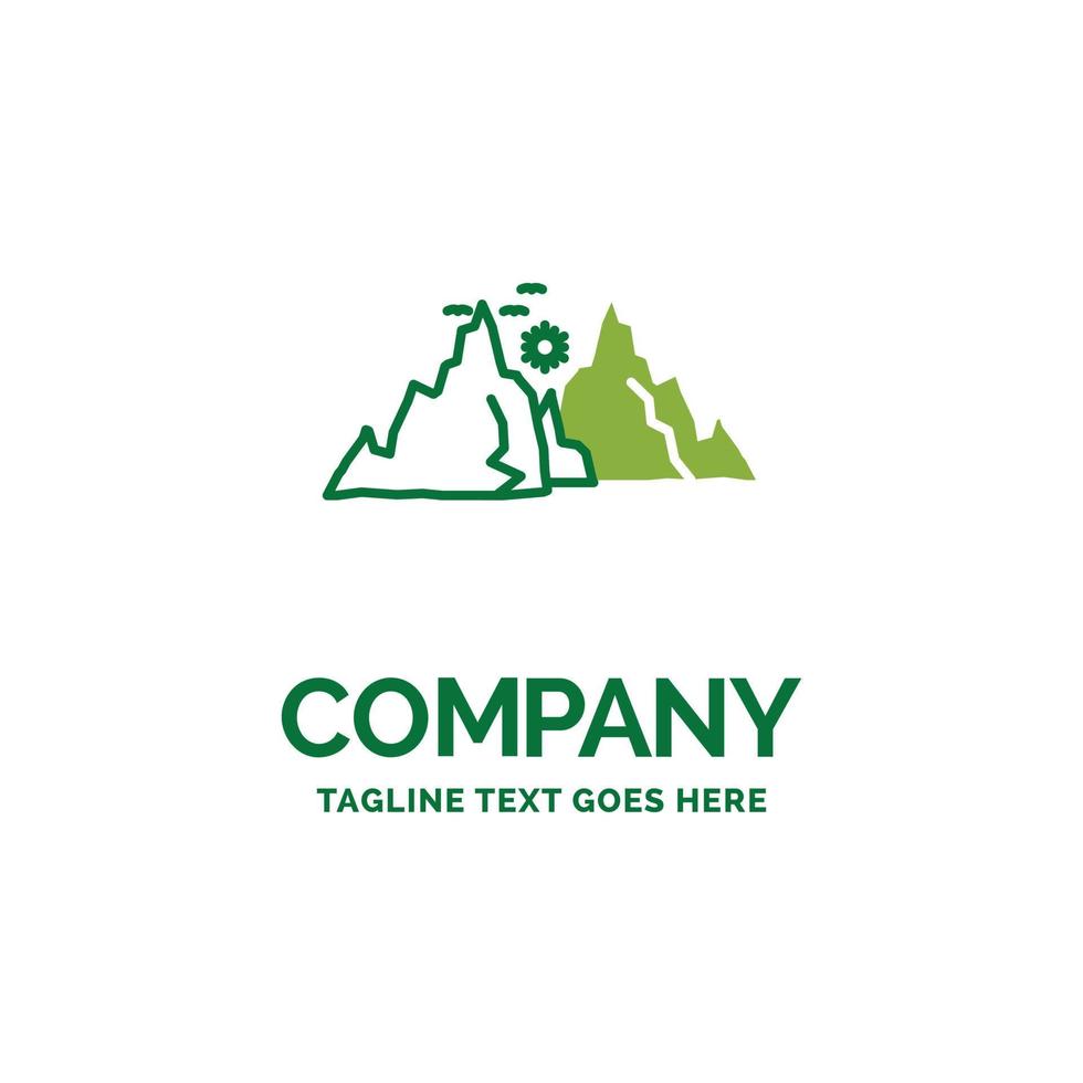 mountain. landscape. hill. nature. sun Flat Business Logo template. Creative Green Brand Name Design. vector