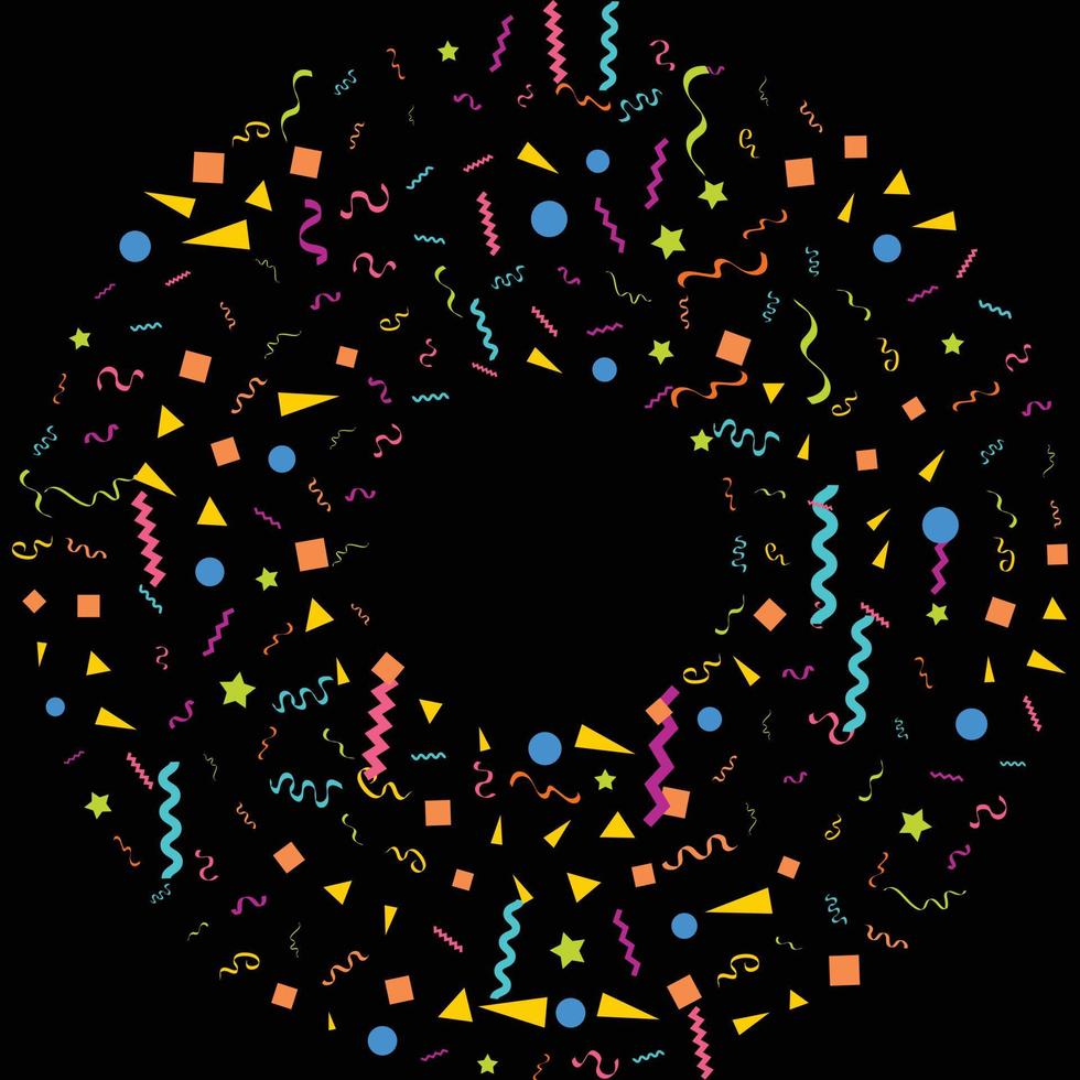 fondo negro abstracto vectorial con muchas pequeñas piezas de confeti de colores que caen y cinta. carnaval. decoración de navidad o año nuevo banderines de fiesta coloridos para cumpleaños. festival vector