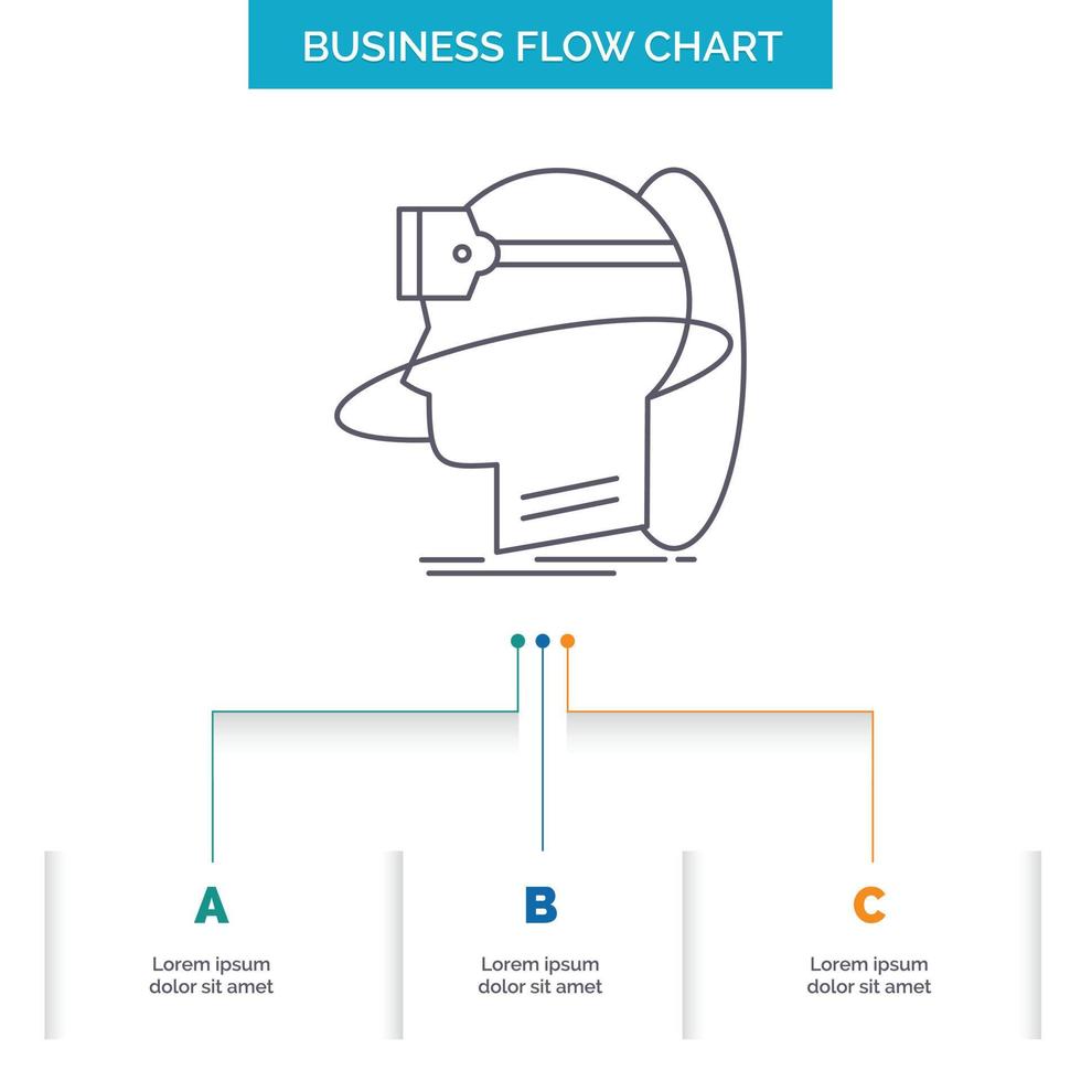 humano. hombre. la realidad. usuario. virtual. diseño de diagrama de flujo de negocios vr con 3 pasos. icono de línea para el lugar de plantilla de fondo de presentación para texto vector