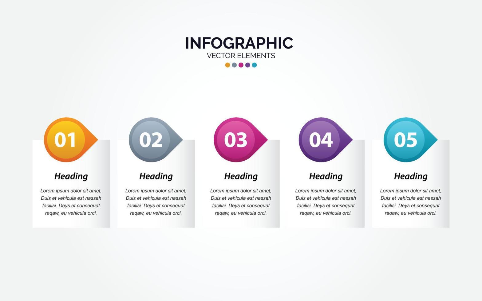 Five paper white overlapping arrows placed in horizontal row. Concept of 5 successive steps of progressive business development vector
