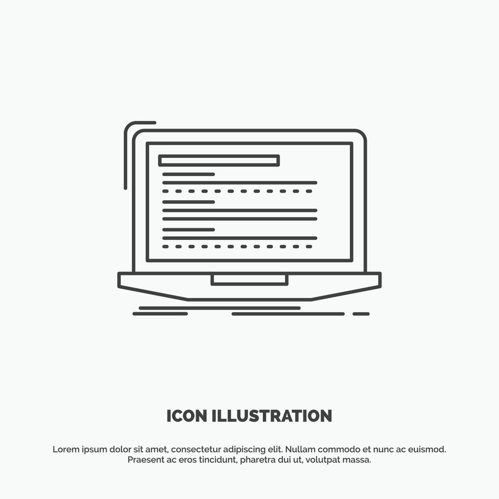 código. codificación. computadora. monobloque. icono de la computadora portátil. símbolo gris vectorial de línea para ui y ux. sitio web o aplicación móvil vector