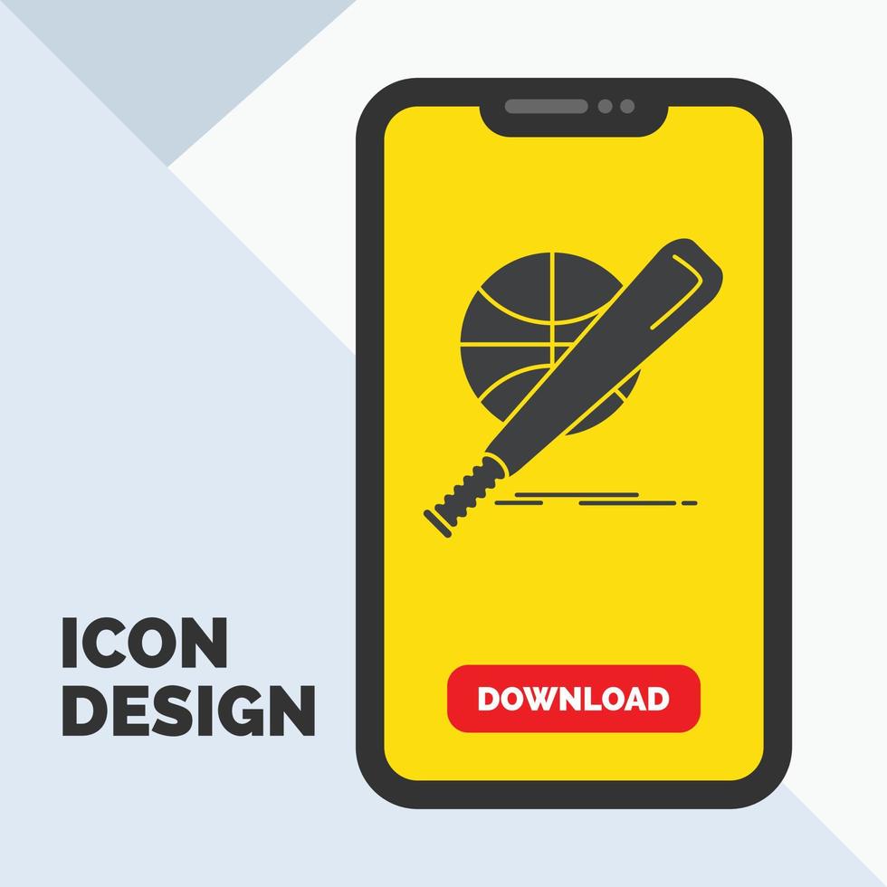 béisbol. cesta. pelota. juego. icono de glifo divertido en el móvil para la página de descarga. fondo amarillo vector