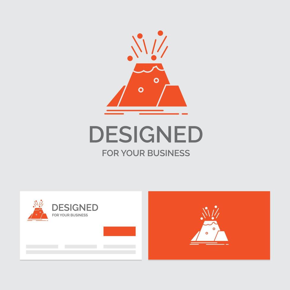 plantilla de logotipo empresarial para desastres. erupción. volcán. alerta. la seguridad. tarjetas de visita naranjas con plantilla de logotipo de marca. vector
