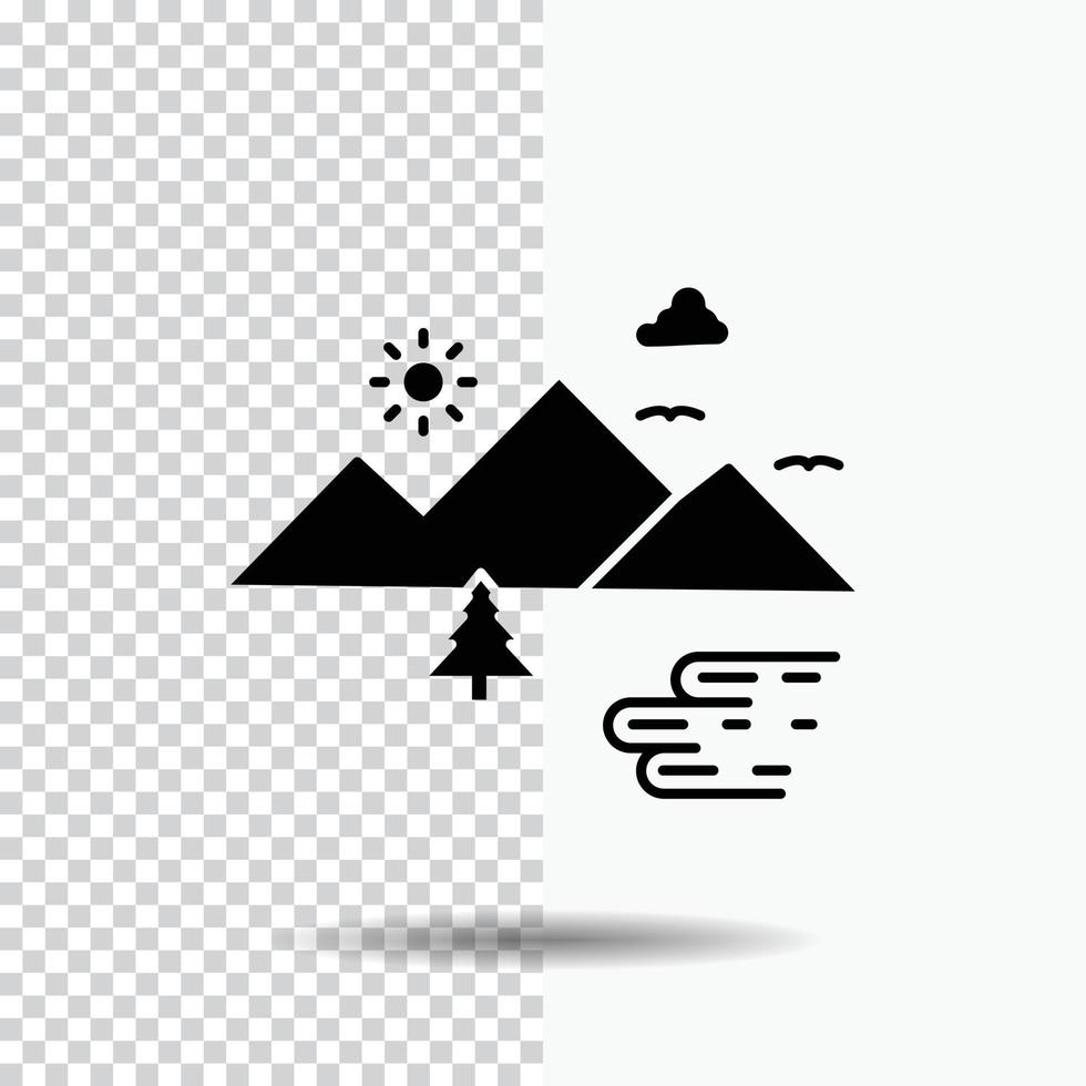 Mountains. Nature. Outdoor. Clouds. Sun Glyph Icon on Transparent Background. Black Icon vector