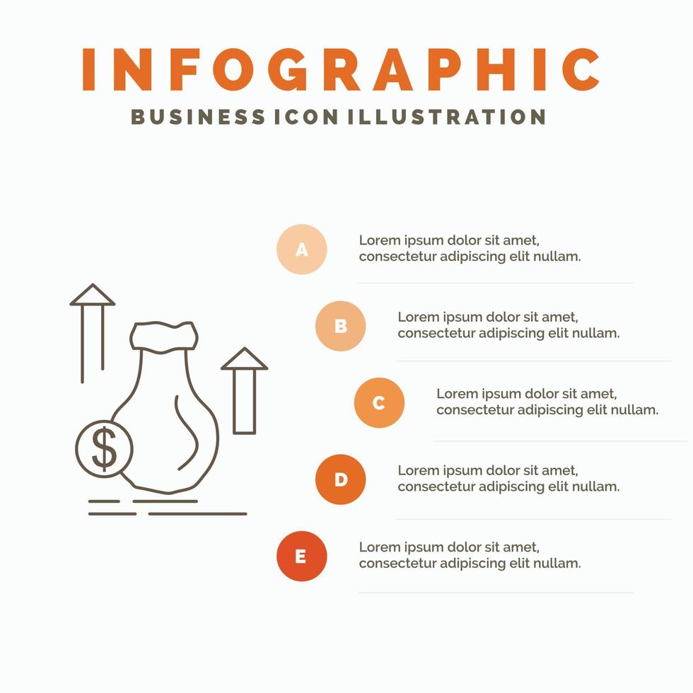 dinero. bolsa. dólar. crecimiento. plantilla de infografía de stock para sitio web y presentación. icono de línea gris con ilustración de vector de estilo infográfico naranja