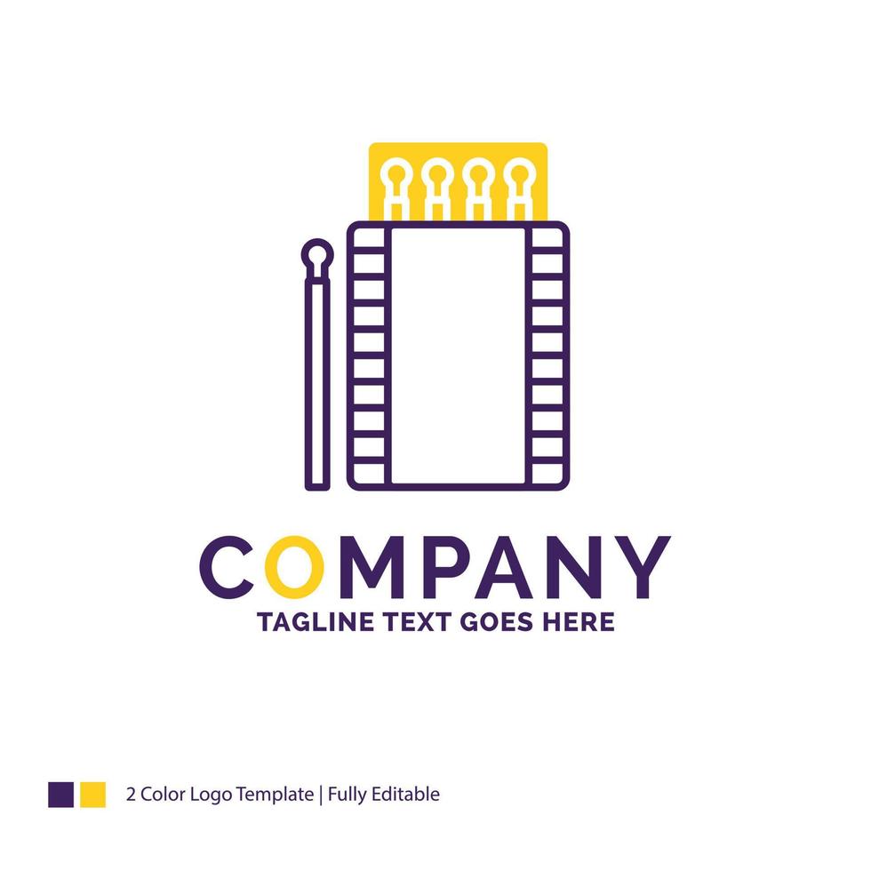 Company Name Logo Design For matches. camping. fire. bonfire. box. Purple and yellow Brand Name Design with place for Tagline. Creative Logo template for Small and Large Business. vector