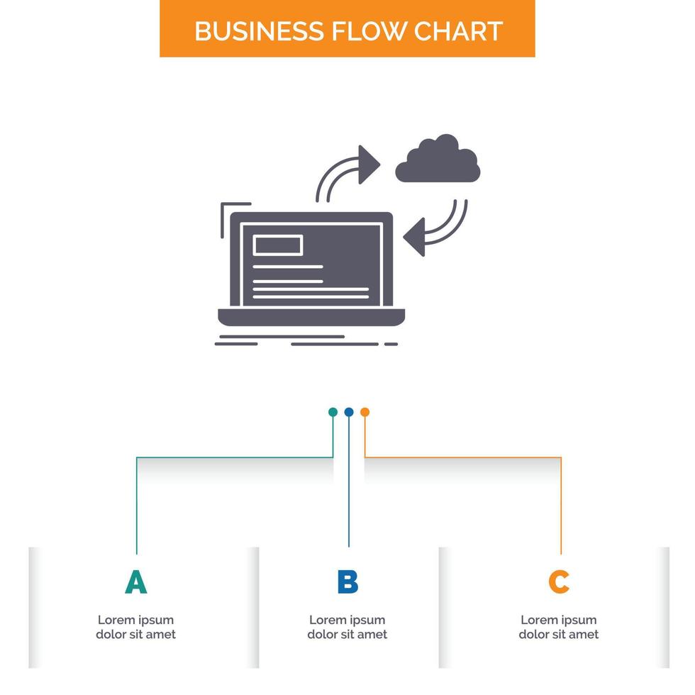 sincronizar Procesando. datos. tablero. diseño de diagrama de flujo empresarial de flechas con 3 pasos. icono de glifo para el lugar de plantilla de fondo de presentación para texto. vector