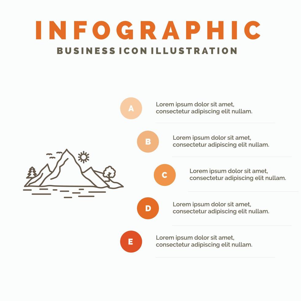 naturaleza. Cerro. paisaje. montaña. plantilla de infografía de árbol para sitio web y presentación. icono de línea gris con ilustración de vector de estilo infográfico naranja