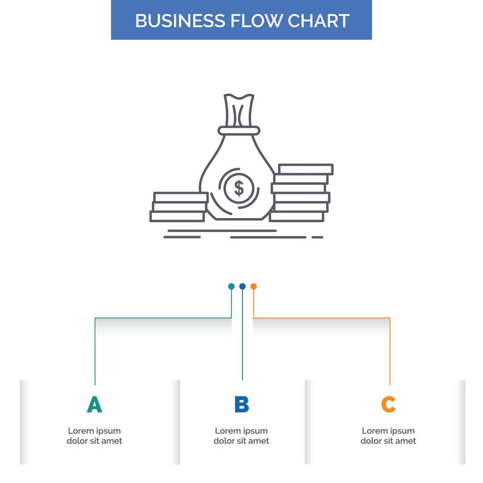 Accumulation. bag. investment. loan. money Business Flow Chart Design with 3 Steps. Line Icon For Presentation Background Template Place for text vector