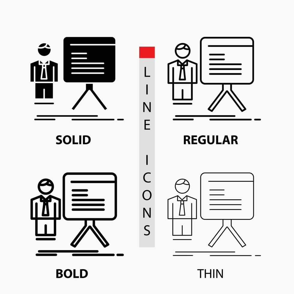 presentation. businessman. chart. graph. progress Icon in Thin. Regular. Bold Line and Glyph Style. Vector illustration