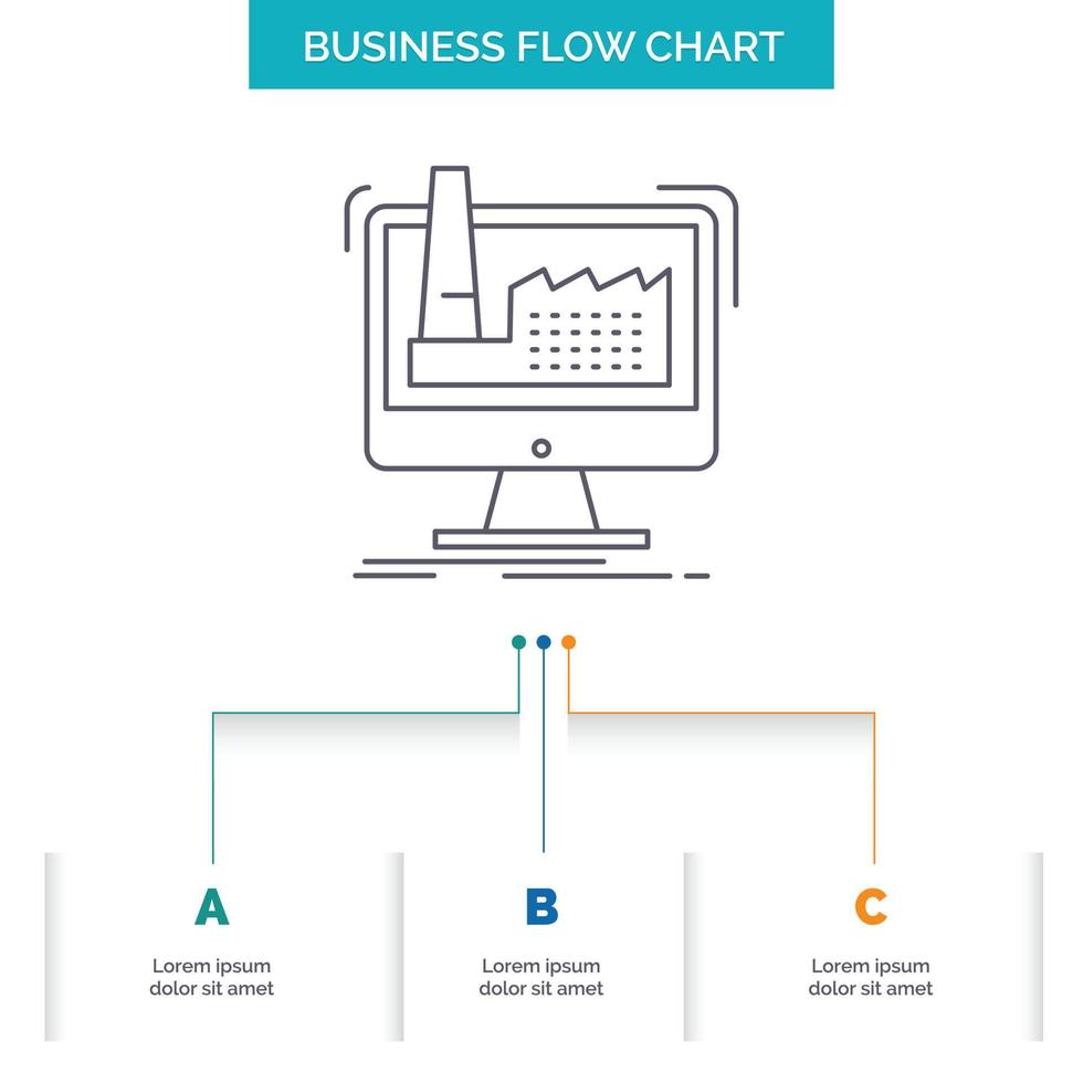 digital. fábrica. fabricación. producción. diseño de diagrama de flujo de negocio de productos con 3 pasos. icono de línea para el lugar de plantilla de fondo de presentación para texto vector