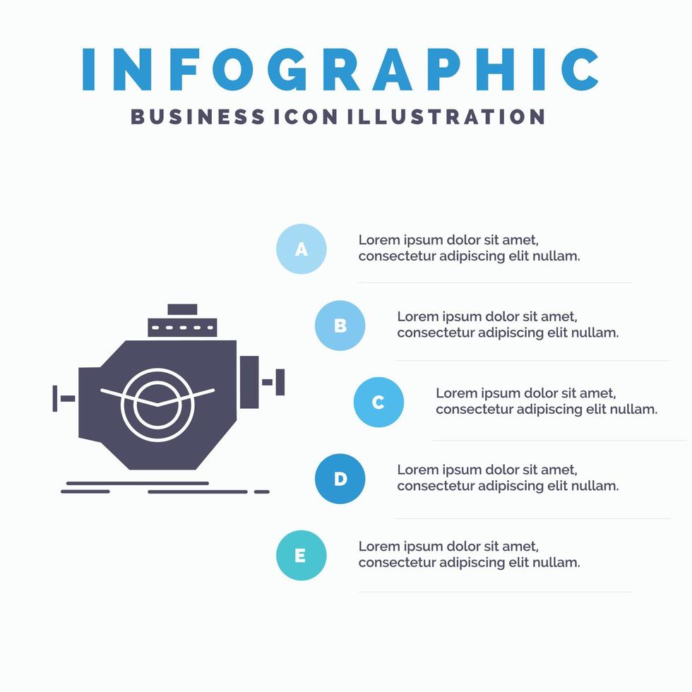 motor. industria. máquina. motor. plantilla de infografía de rendimiento para sitio web y presentación. icono de glifo gris con ilustración de vector de estilo infográfico azul.