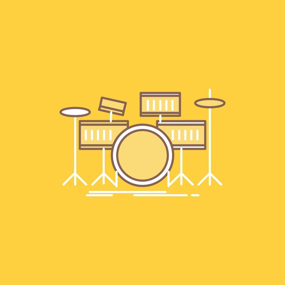 tambor. batería. instrumento. equipo. icono lleno de línea plana musical. hermoso botón de logotipo sobre fondo amarillo para ui y ux. sitio web o aplicación móvil vector