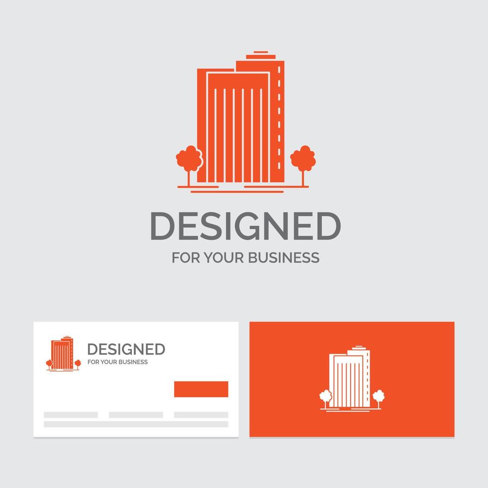 plantilla de logotipo de empresa para la construcción. verde. planta. ciudad. inteligente. tarjetas de visita naranjas con plantilla de logotipo de marca. vector