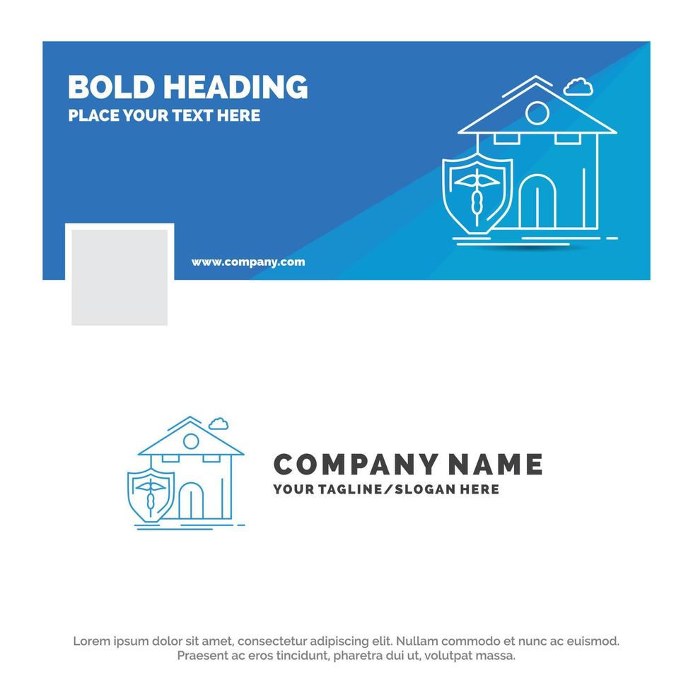 plantilla de logotipo de empresa azul para seguros. hogar. casa. víctima. proteccion. diseño de banner de línea de tiempo de facebook. ilustración de fondo de banner web de vector