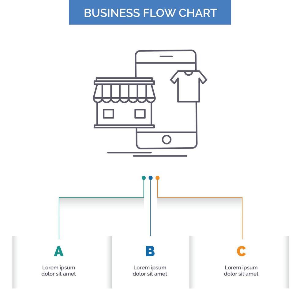 compras. vestidos. comprar. en línea. tienda de diseño de diagrama de flujo de negocios con 3 pasos. icono de línea para el lugar de plantilla de fondo de presentación para texto vector