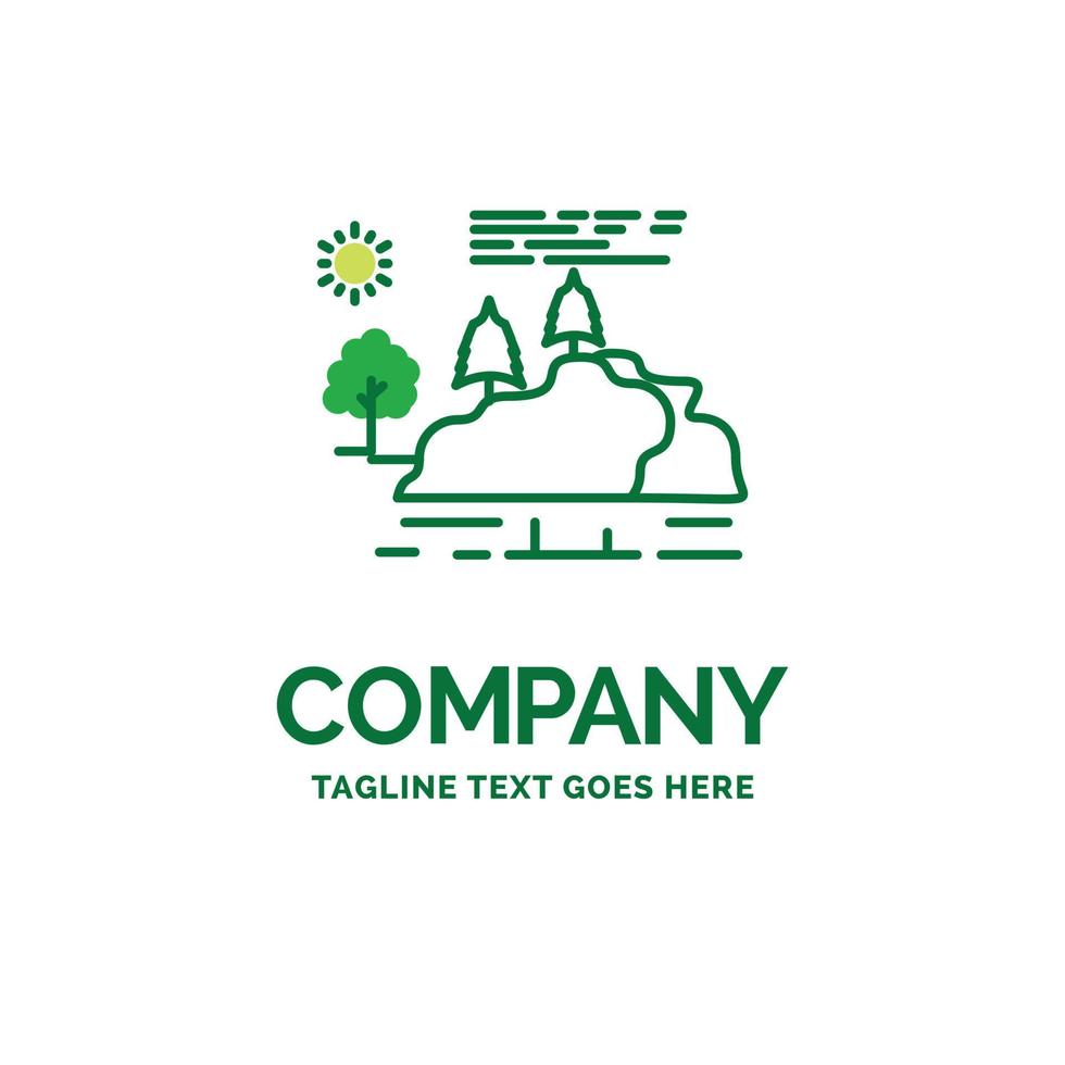 hill. landscape. nature. mountain. rain Flat Business Logo template. Creative Green Brand Name Design. vector