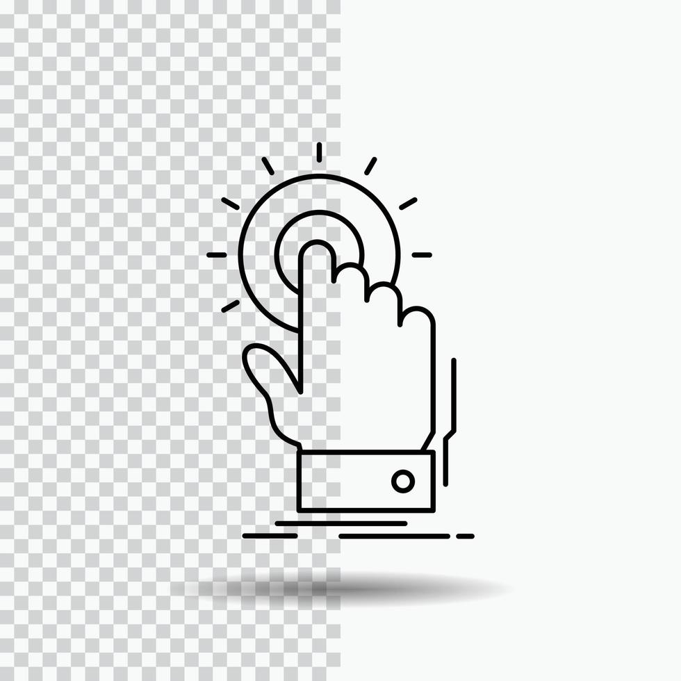 tocar. hacer clic. mano. en. icono de línea de inicio sobre fondo transparente. ilustración de vector de icono negro