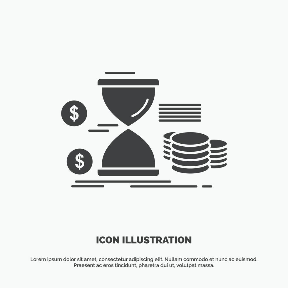 reloj de arena. administración. dinero. tiempo. icono de monedas. símbolo gris vectorial de glifo para ui y ux. sitio web o aplicación móvil vector