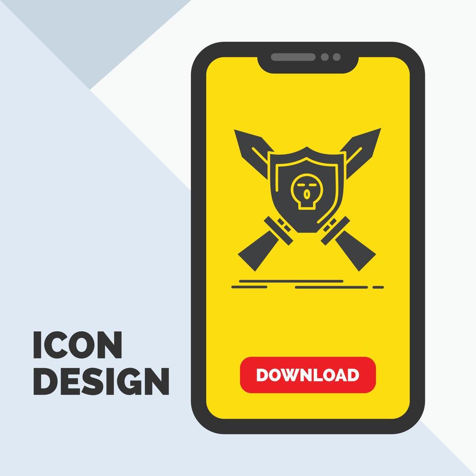 Insignia. emblema. juego. escudo. icono de glifo de espadas en el móvil para la página de descarga. fondo amarillo vector