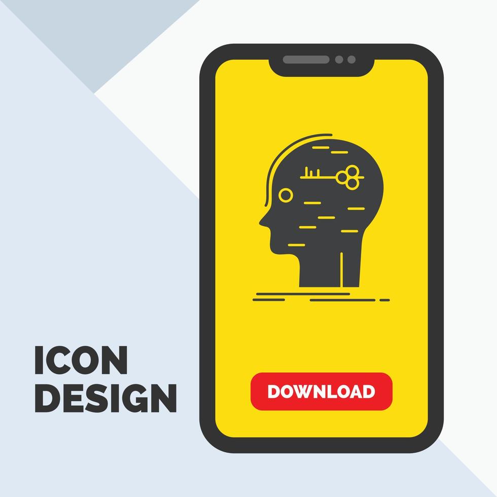 cerebro. cortar a tajos. hackear. llave. icono de glifo mental en el móvil para la página de descarga. fondo amarillo vector