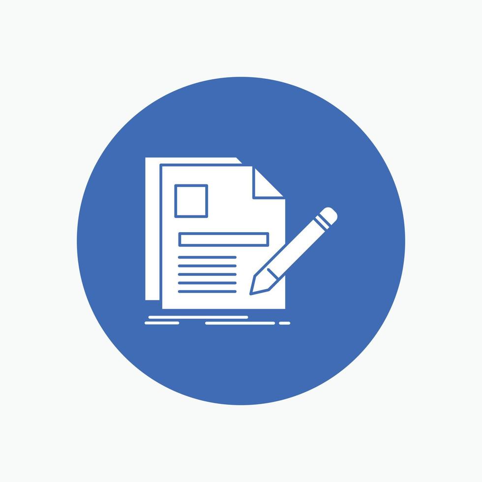 document. file. page. pen. Resume White Glyph Icon in Circle. Vector Button illustration