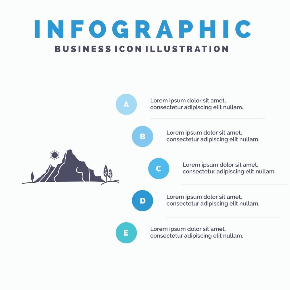 montaña. paisaje. Cerro. naturaleza. plantilla de infografía de árbol para sitio web y presentación. icono de glifo gris con ilustración de vector de estilo infográfico azul.