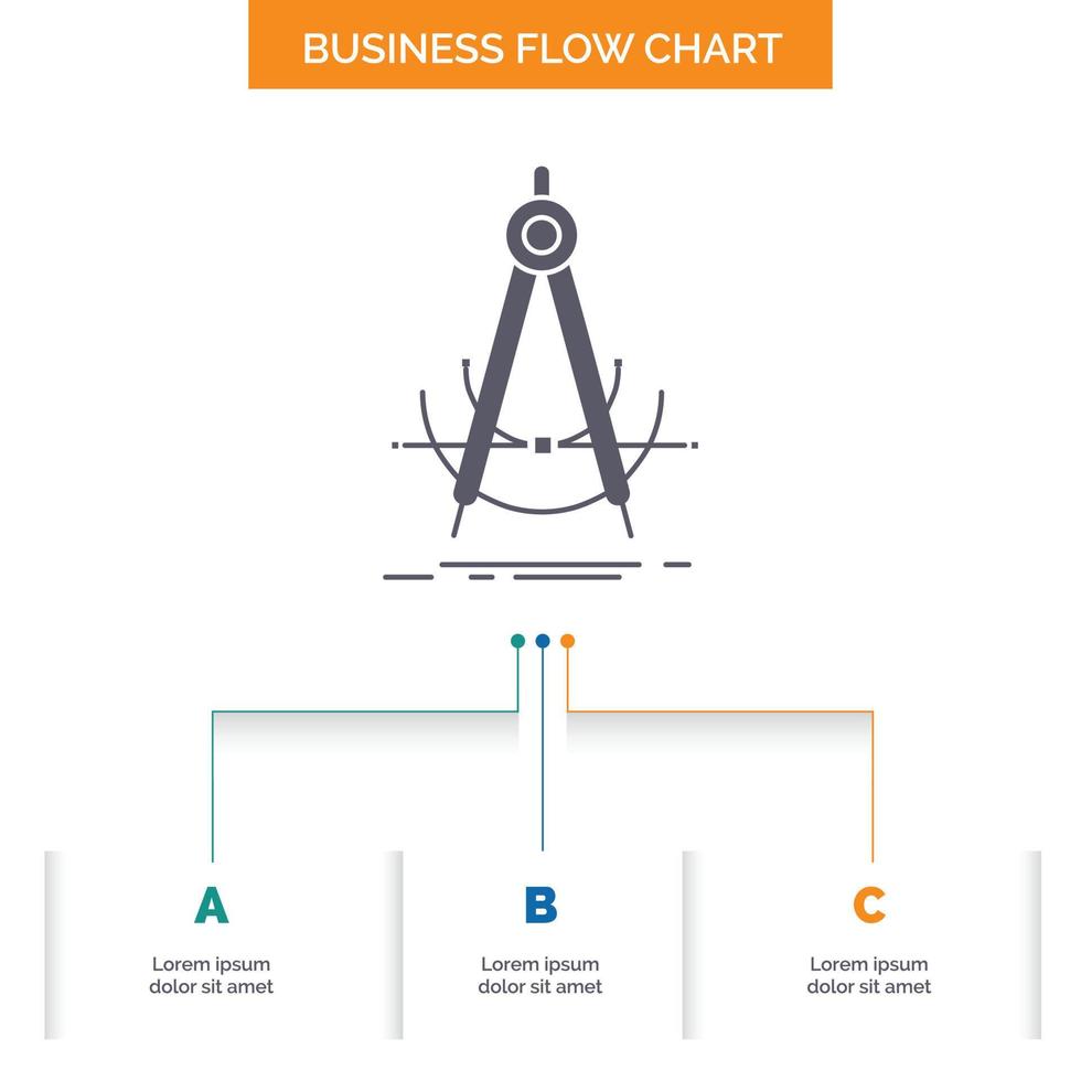 precisión. exacto geometría. Brújula. diseño de diagrama de flujo de negocio de medición con 3 pasos. icono de glifo para el lugar de plantilla de fondo de presentación para texto. vector
