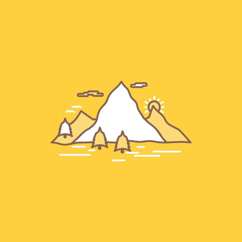 Nature. hill. landscape. mountain. scene Flat Line Filled Icon. Beautiful Logo button over yellow background for UI and UX. website or mobile application vector